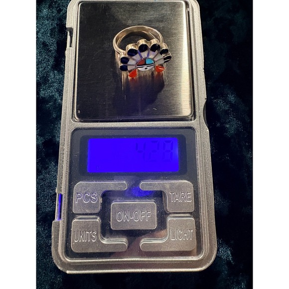 Zuni Native American Sterling Silver Turquoise Coral Inlay Ring Sunface Laahty - Picture 6 of 9